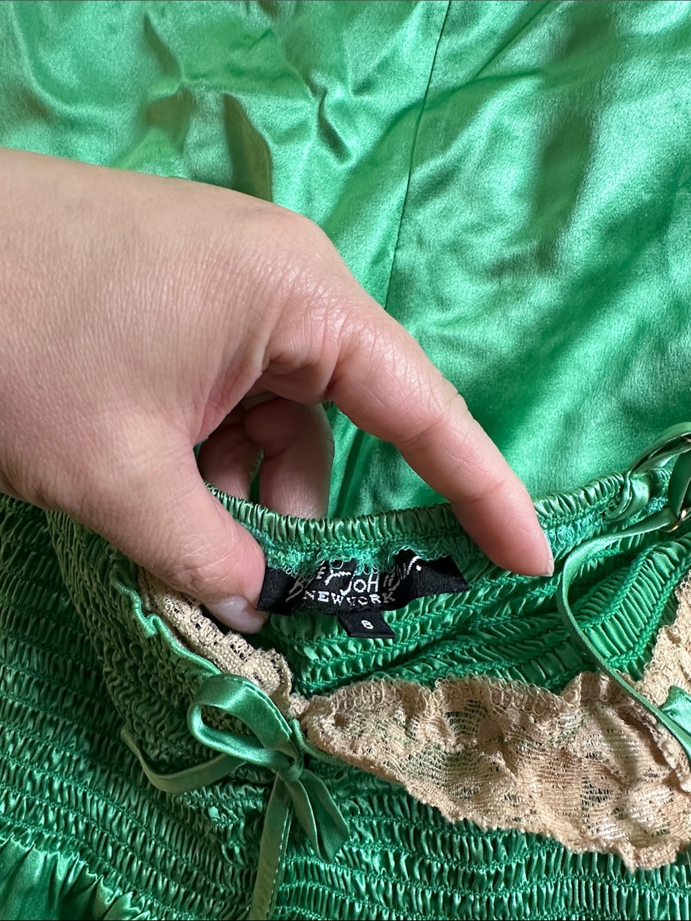 Vintage y2k Betsey Johnson Emerald Green Lace Trimmed Milkmaid Slip Dress 8 - Picture 7 of 11